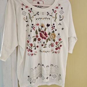 JOHNNY WAS Floral Embroidered Blouse - Cream, Red, Pink, Green, Small